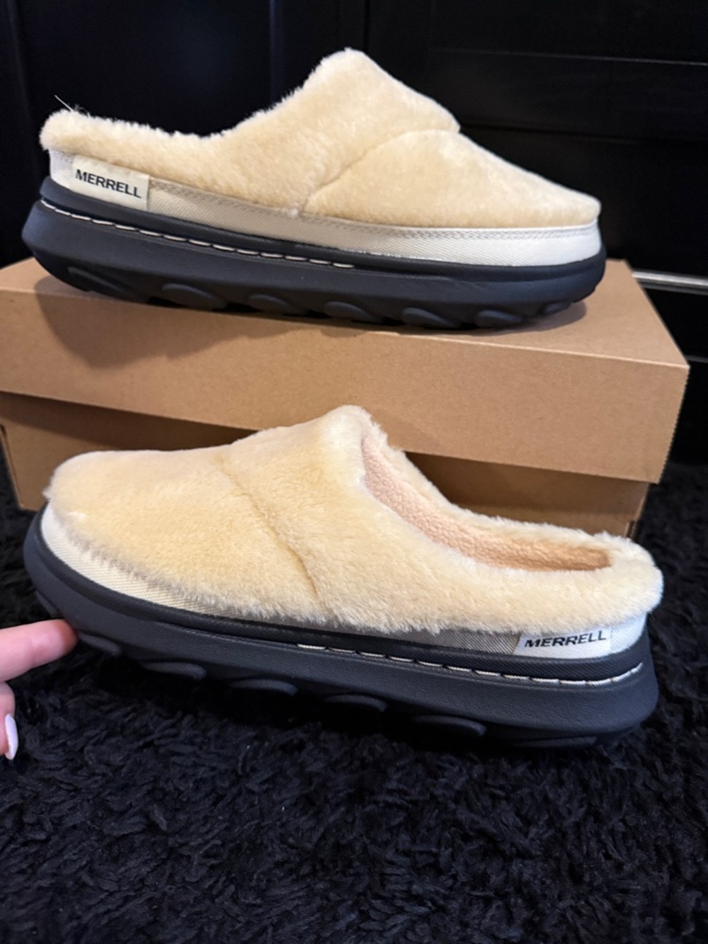 Merrell Plush Slip-On Clogs in Cream and Black